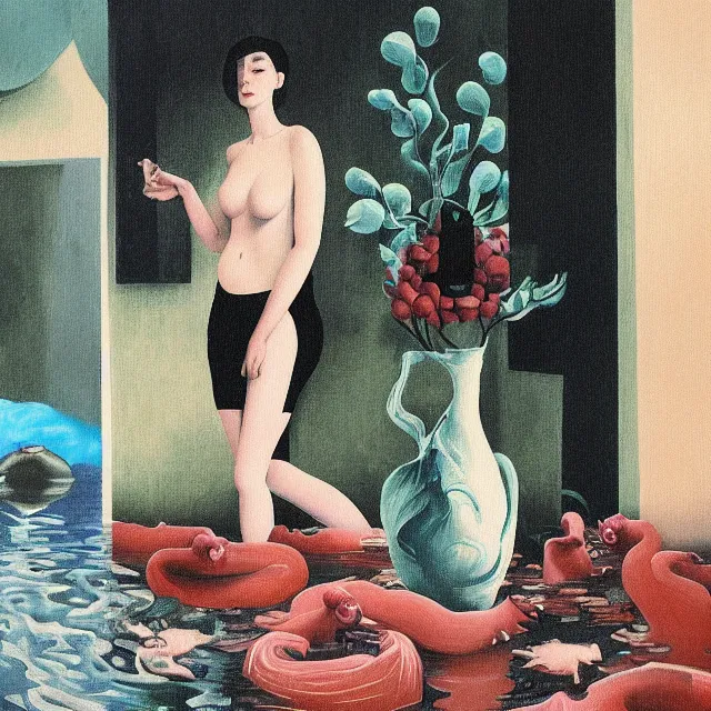 Image similar to tall female emo artist in her flooded apartment, water gushing from ceiling, painting of flood waters inside an artist's home, a river flooding indoors, pomegranates, pigs, ikebana, zen, water, octopus, river, rapids, waterfall, black swans, canoe, berries, acrylic on canvas, surrealist, by magritte and monet