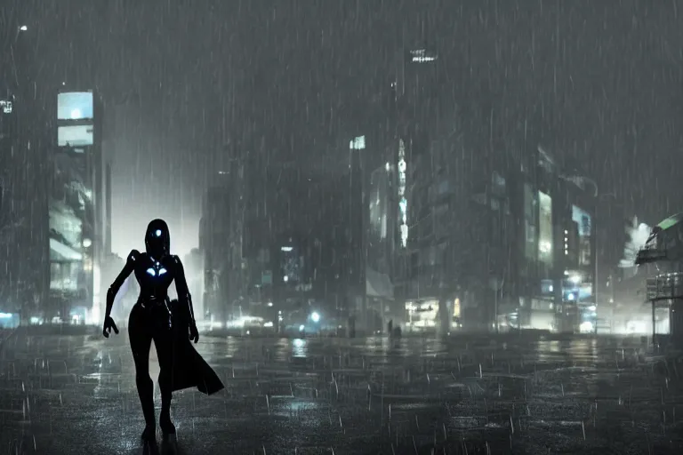 Image similar to vfx marvel sci-fi woman black super hero robot photo real full body action pose, city street cinematic lighting, rain and fog by Emmanuel Lubezki