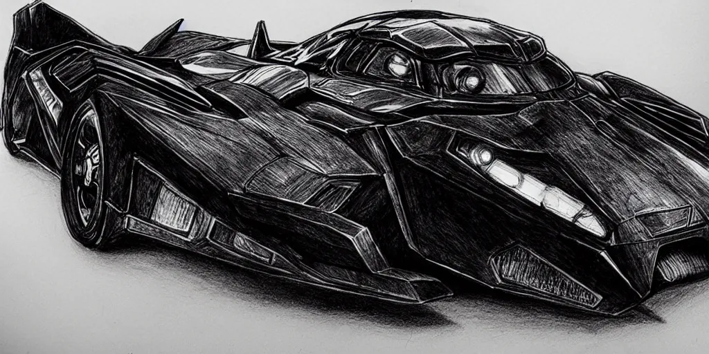 Image similar to ballpoint pen drawing of the batmobile, batman, arkham knight