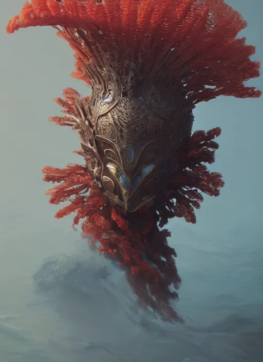 Prompt: Helmet of a forgotten Deity, corals, plume made of seaweed, extremly detailed digital painting, in the style of Fenghua Zhong and Ruan Jia and jeremy lipking and Peter Mohrbacher, mystical colors, rim light, beautiful lighting, 8k, stunning scene, raytracing, octane, trending on artstation