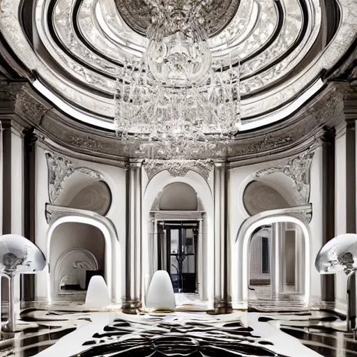 Image similar to living space designed by Zaha Hadid with baroque elements. Ultra futuristic design that combines ornate baroque with clean organic minimalist forms.. Beautiful space with epic details