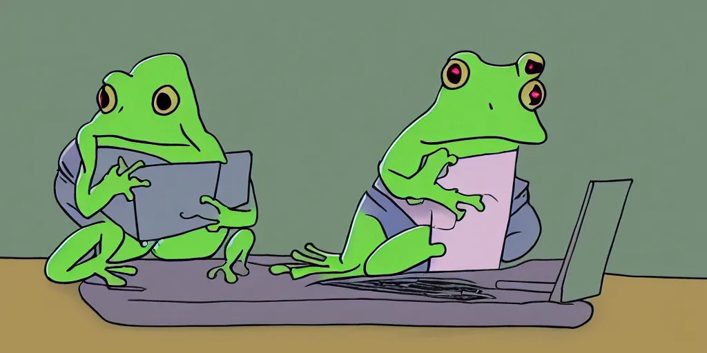 Image similar to peepo the frog lying on his bed with a laptop, crying as his heart breaks after reading an announcement on discord, sad lo-fi vibes, dramatic