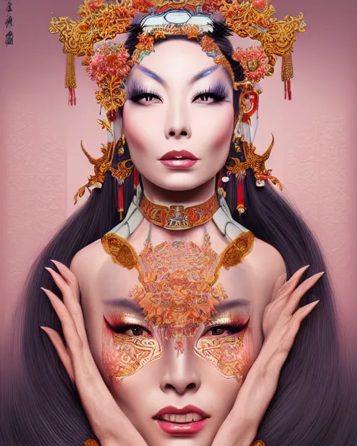 Image similar to portrait of isabelledeltore, machine face, upper half portrait, decorated with chinese opera motifs, asian, fine china, traditional chinese art, intricate, elegant, highly detailed, symmetry, headpiece, digital painting, artstation, concept art, smooth, sharp focus, illustration, art by artgerm and greg rutkowski and alphonse mucha, 8 k