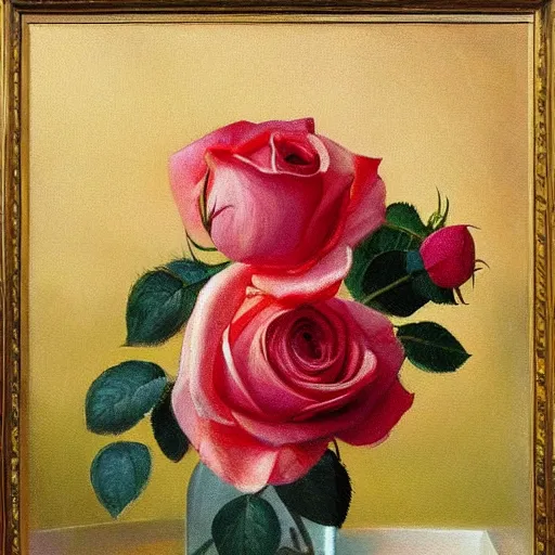 Prompt: The rose is placed in a vase on a windowsill. The light from the window casts a warm, golden glow on the petals of the rose, making them appear illuminated. The colors in the painting are soft and muted, giving the overall impression of a tranquil scene.