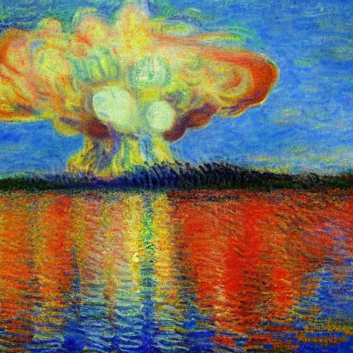 Image similar to nuclear explosion in the style of claude monet, impressionism, 4 k masterpiece