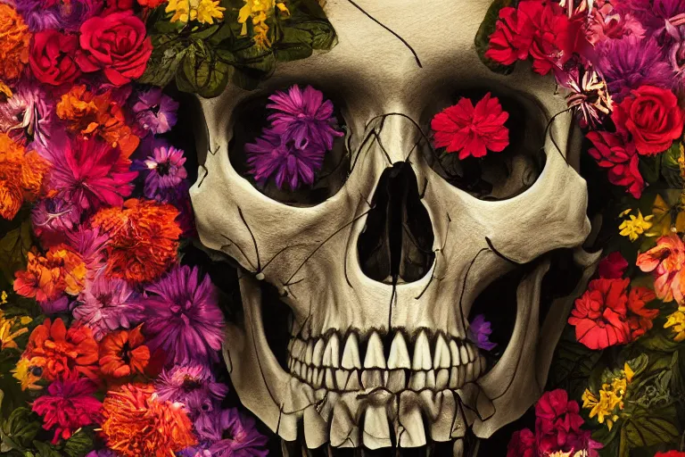 Image similar to human skull made of flowers with flowers in its eyes, artstation, illustration, hd, hq, high resolution, high detail, 4 k, 8 k