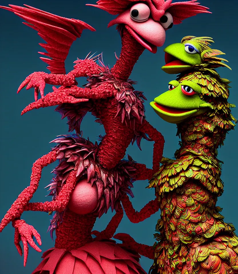 Image similar to hyper detailed 3d render like a Oil painting - kawaii portrait of hopeful lovers hugging tight or kissing pecking adorably Aurora (a beautiful girl skeksis muppet fae princess protective playful expressive acrobatic from dark crystal that looks like Anya Taylor-Joy) seen red carpet photoshoot in UVIVF posing in scaly dress to Eat of the Strangling network of yellowcake aerochrome and milky Fruit and His delicate Hands hold of gossamer polyp blossoms bring iridescent fungal flowers whose spores black the foolish stars by Jacek Yerka, Ilya Kuvshinov, Mariusz Lewandowski, Houdini algorithmic generative render, golen ratio, Abstract brush strokes, Masterpiece, Edward Hopper and James Gilleard, Zdzislaw Beksinski, Mark Ryden, Wolfgang Lettl, hints of Yayoi Kasuma and Dr. Seuss, Grant Wood, octane render, 8k