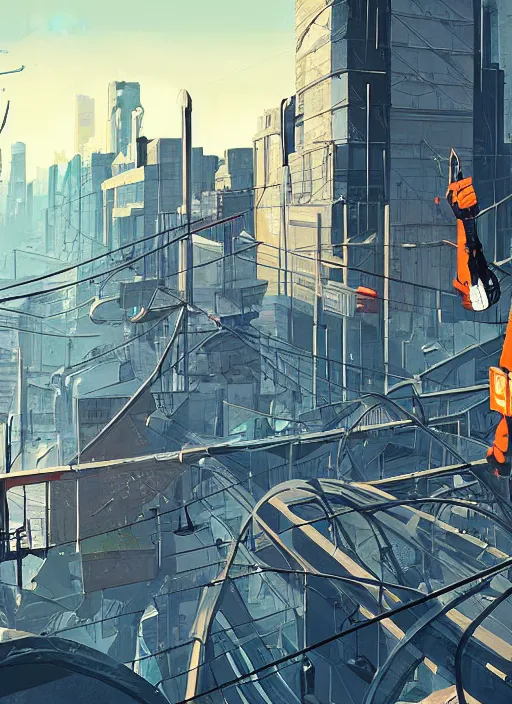 Image similar to gordon freeman standing on top of a bridge over a city, half - life 2 art by james gilleard, cgsociety, cityscape, 2 d, game art