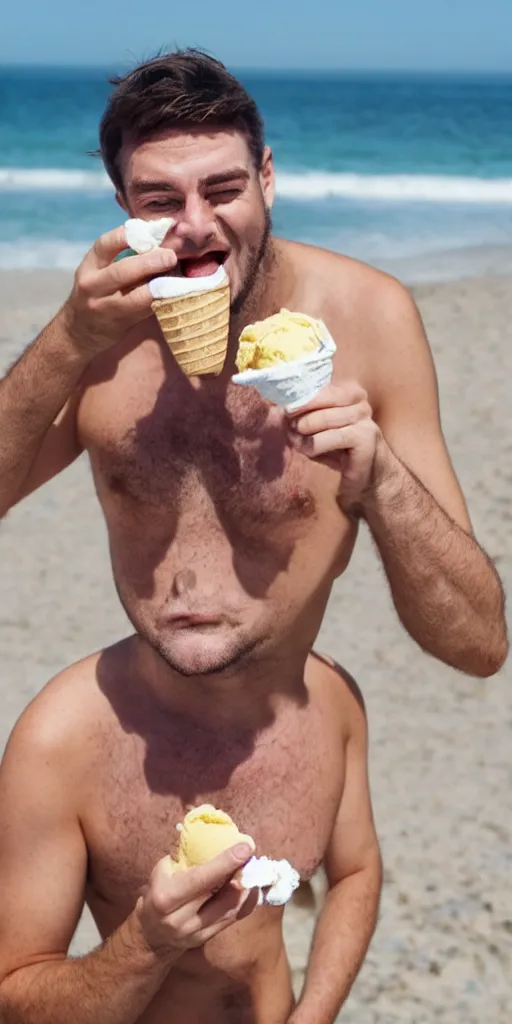 Image similar to a 3 0 year old british man eating ice cream at the beach