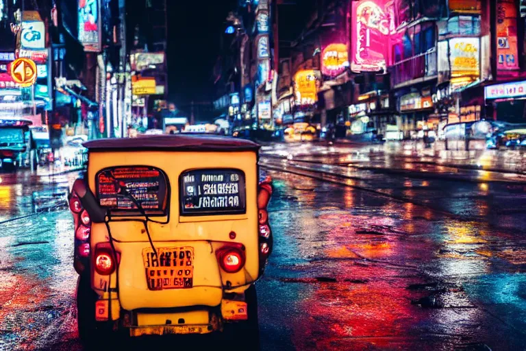 Image similar to a cinematic photograph of a tuk tuk going in a dystopian city street, rain falls, neon advertisement light up the street, ultra realistic, high definition