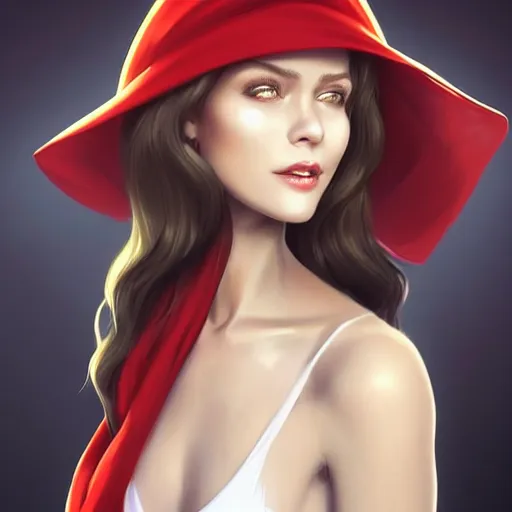 Image similar to beautiful woman in a black dress, full length photo, wearing a white hat and a red scarf, head bowed slightly, looking mischievously and mysteriously at the camera, wavy blond hair, knees upturned, very beautiful woman, 4k highly detailed, digital painting, artstation, concept art, matte, sharp focus, illustration, art by Artgerm and Greg Rutkowski and Alphonse Mucha