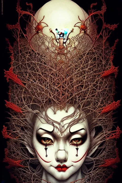 Image similar to 🤡, dynamic lighting, depth details, intricate, symmetrical lines, smooth, extremely highly detailed, by bambang nurdianshyah, garis edelweiss, roby dwi antono and ayami kojima, takato yamamoto, barclay shaw, karol bak, yukito kishiro, norman rockwell