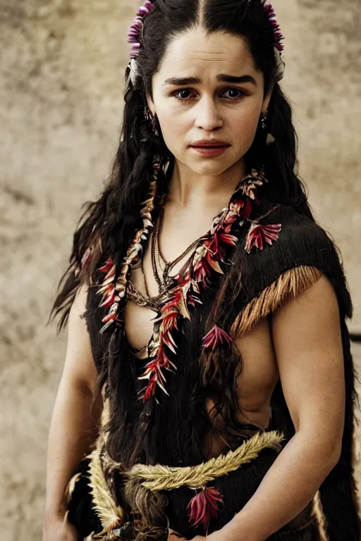 Image similar to Photo of Native Hawaii woman Emilia Clarke, portrait, skilled dancer in Hawaiian national costume, ancient, realistic, detailed, Emilia Clarke