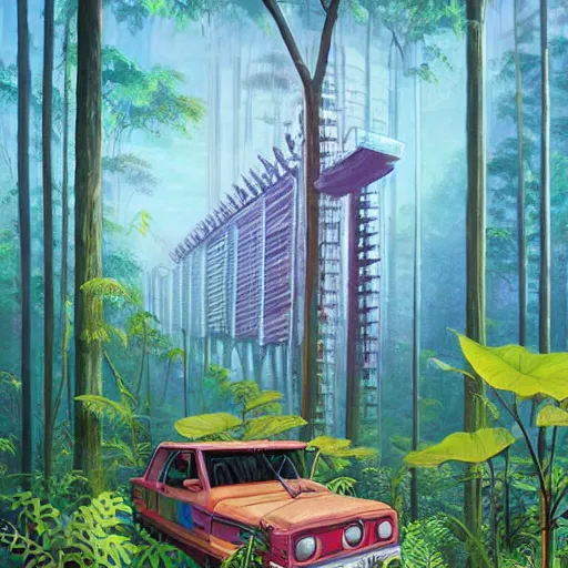 Prompt: beautiful painting of a giant printer in the middle of a jungle in the style of Simon Stålenhag