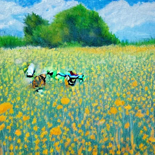 Prompt: impressionist painting of bees pollinating a field of flowers