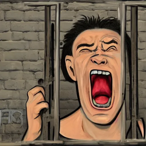Image similar to a screaming prisoner holding prison bars, expressionism