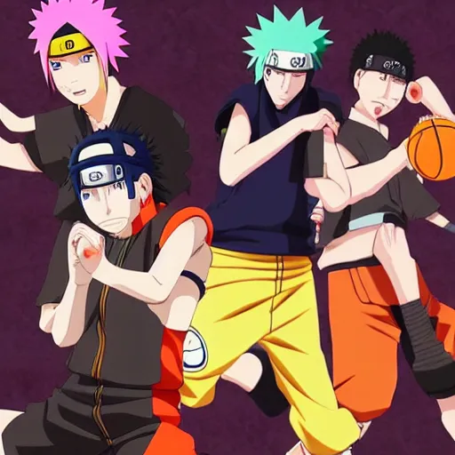 Image similar to the characters of naruto shippuden in a pickup basketball game, 8k, highly detailed, art station, professional artist, hyper detailed, naruto uzumaki, kakashi hatake,