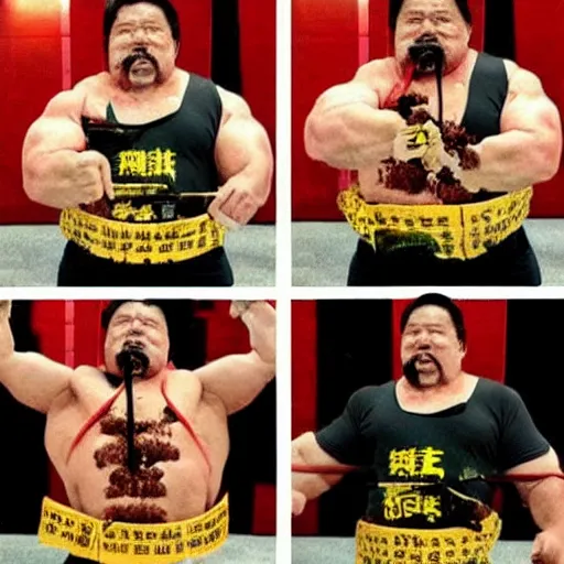 Image similar to the worlds strongest man lifting a bar bell made of soy sauce packets. japanese anime