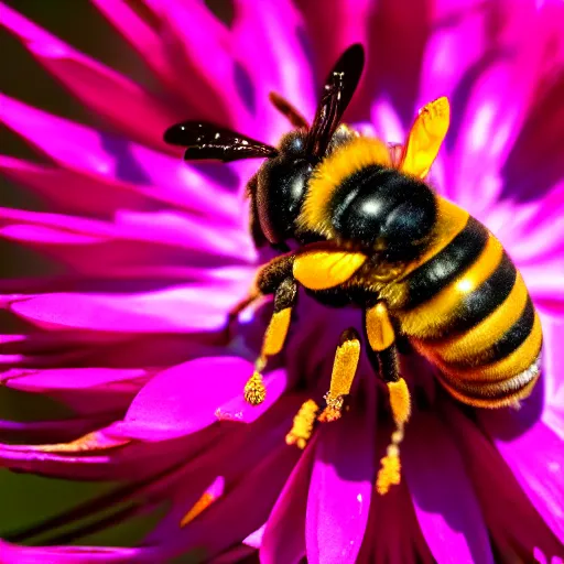 Image similar to macro shot of a robotic bee resting on a flower, global illumination