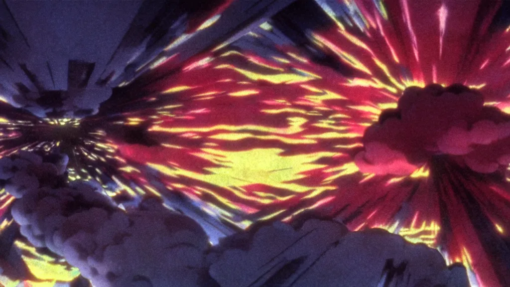 Prompt: volumetric iridescent light, anime film still from the an anime directed by katsuhiro otomo with art direction by salvador dali, wide lens