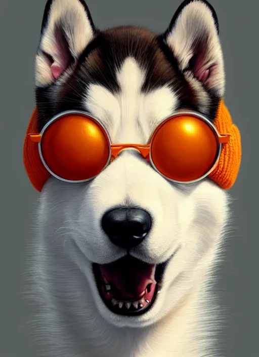 Prompt: symmetry!! portrait of husky puppy, sci - fi, sun glasses, orange beanie, intricate, elegant, highly detailed, digital painting, artstation, concept art, smooth, sharp focus, illustration, art by artgerm and greg rutkowski and alphonse mucha, 8 k