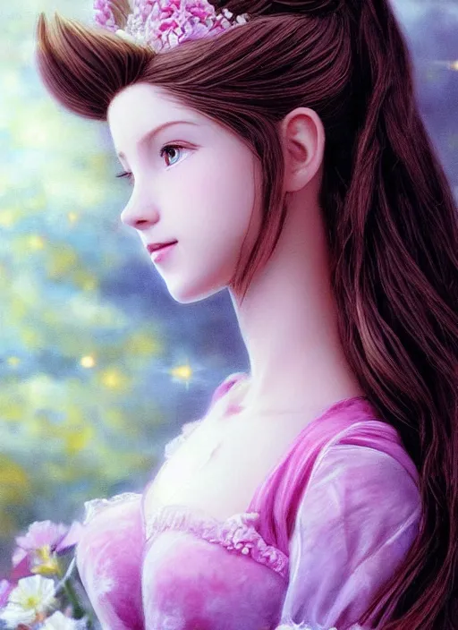 Prompt: elegant Aerith Gainsborough tilts her head back and exposes her neck. ultra detailed painting at 16K resolution and epic visuals. epically surreally beautiful image. amazing effect, image looks crazily crisp as far as it's visual fidelity goes, absolutely outstanding. vivid clarity. ultra. iridescent. mind-breaking. mega-beautiful pencil shadowing. beautiful face. Ultra High Definition. processed twice.