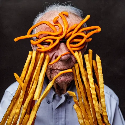 Image similar to an elderly man wearing a mask made from french fries, bold natural colors, national geographic photography, masterpiece, 8 k, raw, unedited, symmetrical balance