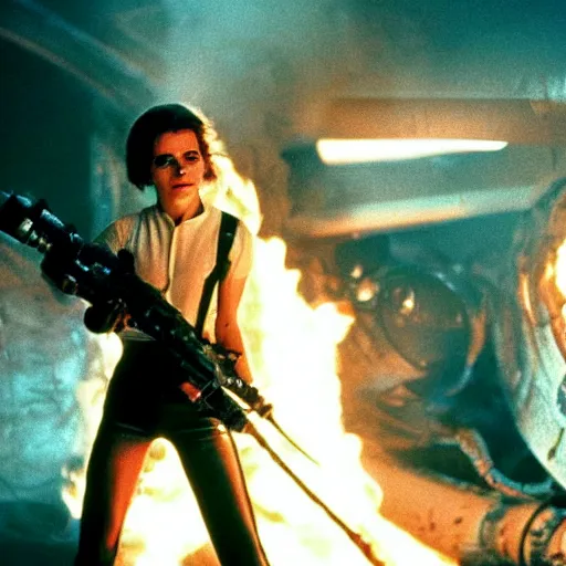 Image similar to film still of Emma Watson holding a flamethrower in Alien 1979, 4k