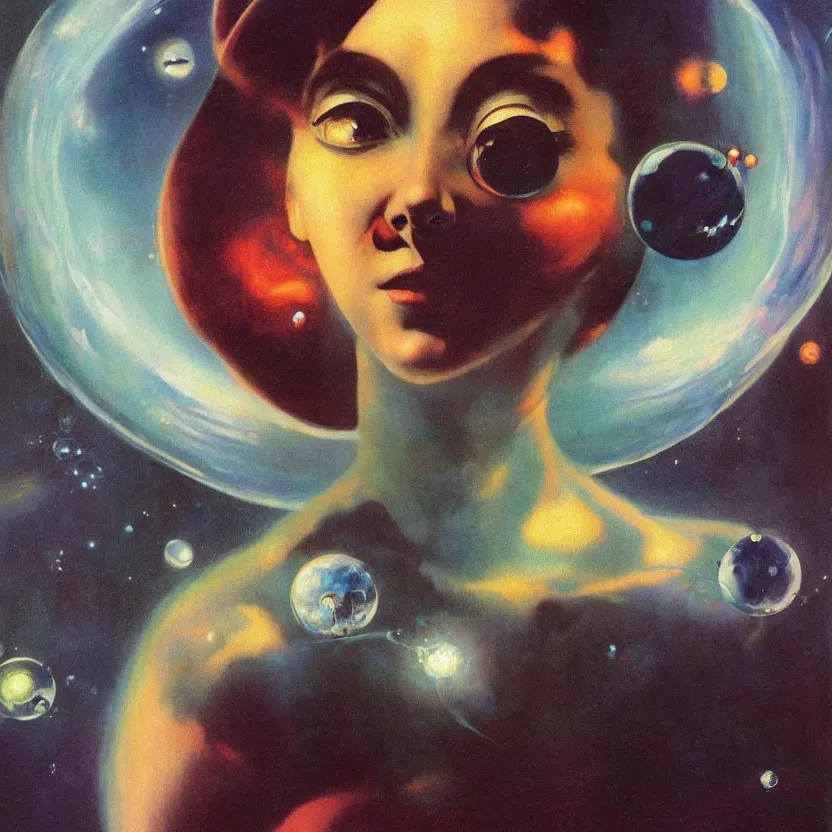 Image similar to close - up portrait painting of a beautiful weightless alien woman with big eyes in space, by frank frazetta and norman rockwell. glowing bubbles. muted colors, soft gradients. dark background. trending on artstation. retrofuturism.