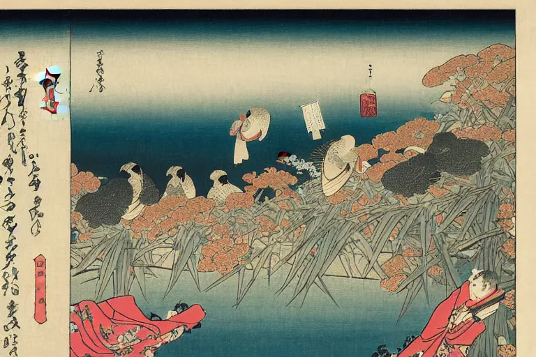 Image similar to a masterpiece ukiyo - e painting of a scene with irises and birds by katsushika hokusai, utagawa kuniyoshi and utagawa hiroshige, hyperdetailed, intricate, complex, 4 k