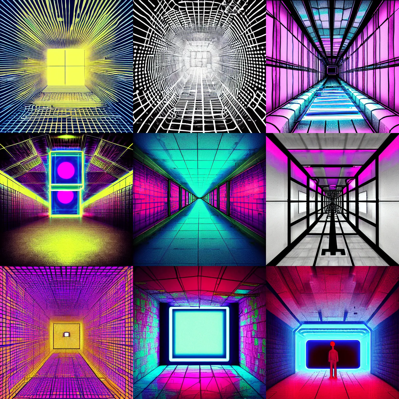 Prompt: human being imprisoned in the celestial cube (single point perspective) (symmetrical) (gritty atmosphere) (neon colors)
