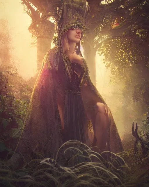 Image similar to Beautiful art portrait of Melissa Rquch as a fantasy gothic priestess in a bright temple surrounded by lush forest, atmospheric lighting, intricate detail, cgsociety, hyperrealistic, octane render, RPG portrait, ambient light, dynamic lighting