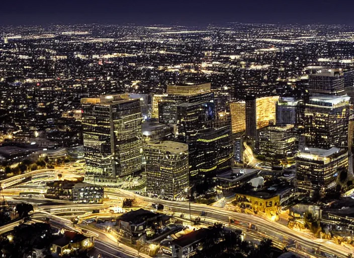 Image similar to a sprawling building complex in los angeles at night. photo by james cameron