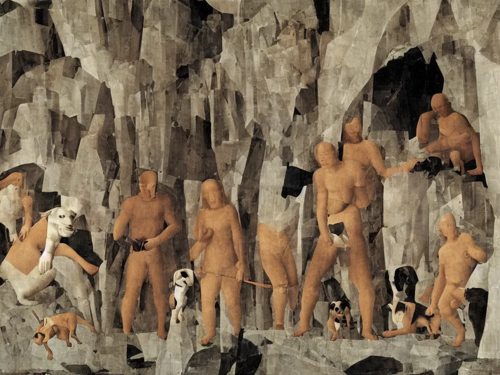 Image similar to Young men with dogs inside a crystal cave. Painting by Piero della Francesca.