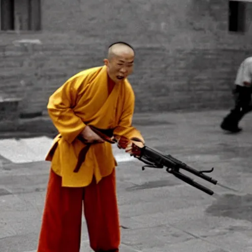 Image similar to a shaolin monk in the army, screaming and firing an automatic rifle