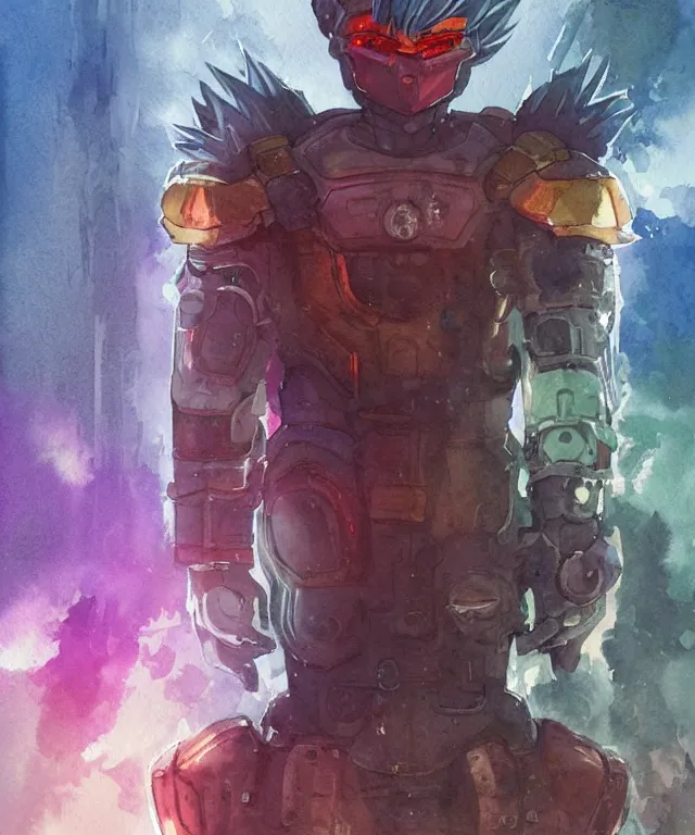 Image similar to a watercolor painting full body character portrait of a cyborg super saiyan knight in the style of cyberpunk in the style of moebius trending on artstation deviantart pinterest detailed realistic hd 8 k high resolution