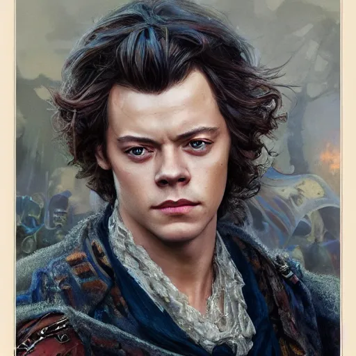 Image similar to the harry styles as a realistic d & d fantasy character, closeup portrait art by donato giancola and greg rutkowski, vintage retro, realistic face, digital art, trending on artstation, symmetry!!