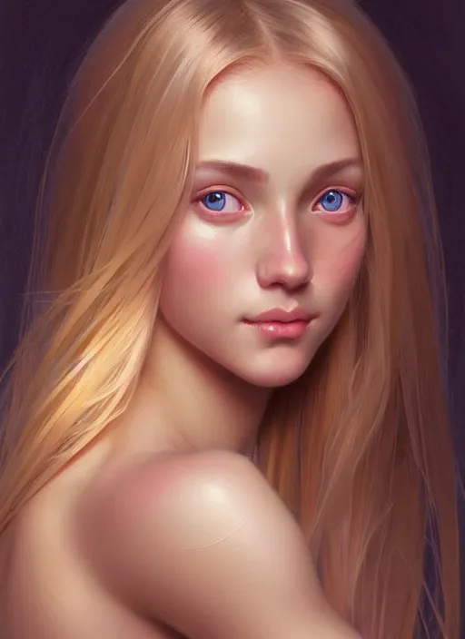 Image similar to beautiful feminine face!! portrait of young woman blessed by god with ever - increasing physical mental perfection, blonde, symmetrical! intricate, sensual features, highly detailed, divine holy perfection!! smile, digital painting, artstation, concept art, smooth, sharp focus, illustration, art by artgerm and greg rutkowski and alphonse mucha