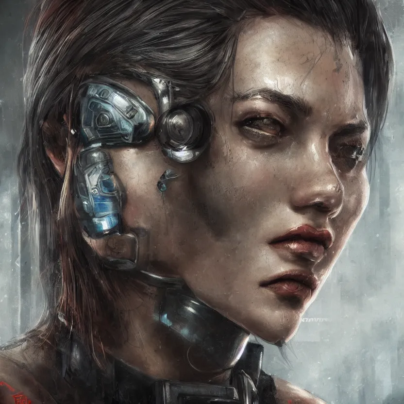Image similar to closeup portrait of a beautiful guard dystopian cyberpunk trending on art station