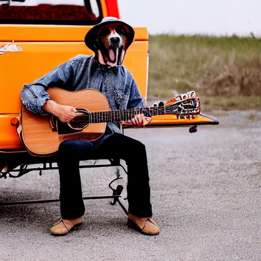 Prompt: A folkpunk brown floppy-eared hound dog playing the guitar in front of a pickup truck