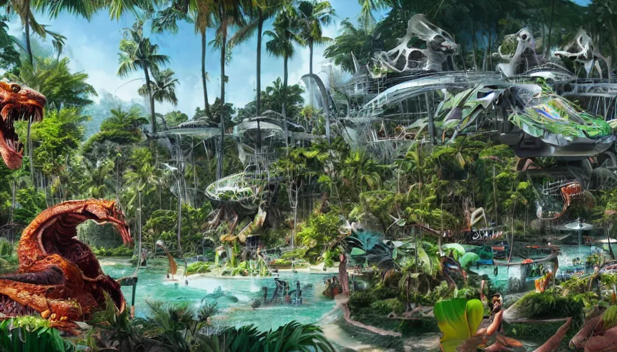 Prompt: Futuristic monster zoo built on a tropical island with lots of tourists during a beautiful day, hyperdetailed, artstation, cgsociety, 8k