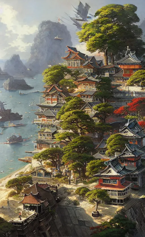 Prompt: japanese cape dutch architecture busy city on a cliff by the sea side, nice view, airships, dense foliage scifi movie poster art by kim jung giu and weta studio, and lucasfilm and jesper ejsing and norman rockwell greg rutkowski frank frazzeta