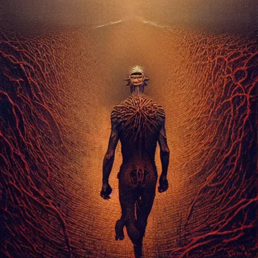 Image similar to running demons, by beksinski and tristan eaton, dark neon trimmed beautiful dystopian digital art