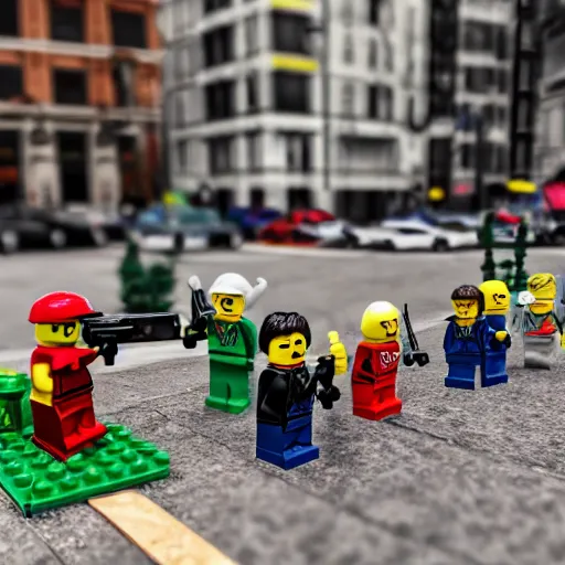 Image similar to mini lego war in the city, photorealistic, highly detailed, sharp focus, vivid, symmetrical, random, convoluted, mind - blowing, creative, fully functional, physics defying, amazing, cool, atmospheric