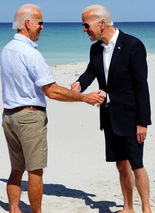 Image similar to photograph of Jeffery Epstein shaking hands with Joe Biden, real, taken with point and shoot camera, at beach. Smiling, holding ice cream, posing in front of ocean.