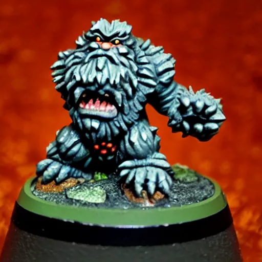 Image similar to warhammer miniature of a yeti holding a blood bowl ball