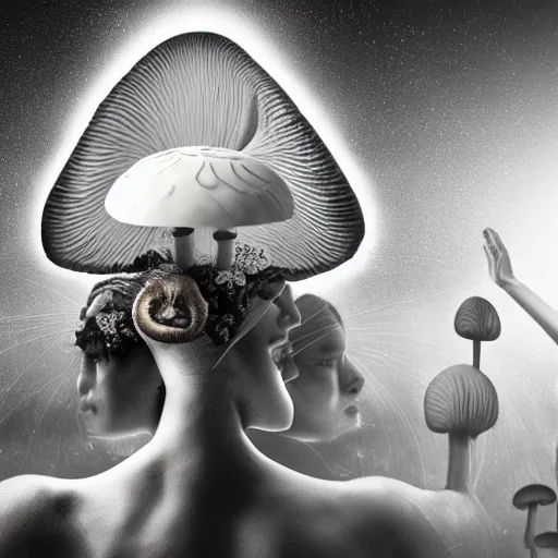 Image similar to mushroom goddess with extremely elegant headdress with group of elders in a ceremony for plant medicine, beautiful, hiroya oku, yoshitaka amano, alex grey, black and white, beautiful lighting, cinematic still, quantum gravity 3 d render, 8 k