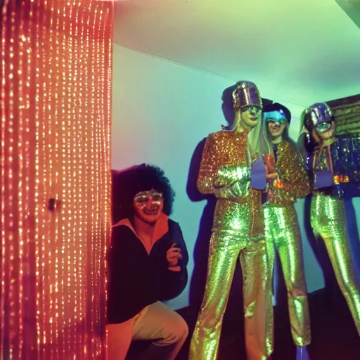 Prompt: first-person perspective view of people wearing shiny skiwear having a party inside of a 1970s luxury bungalow with infinity mirror on wall, at dusk, ektachrome photograph, f8 aperture