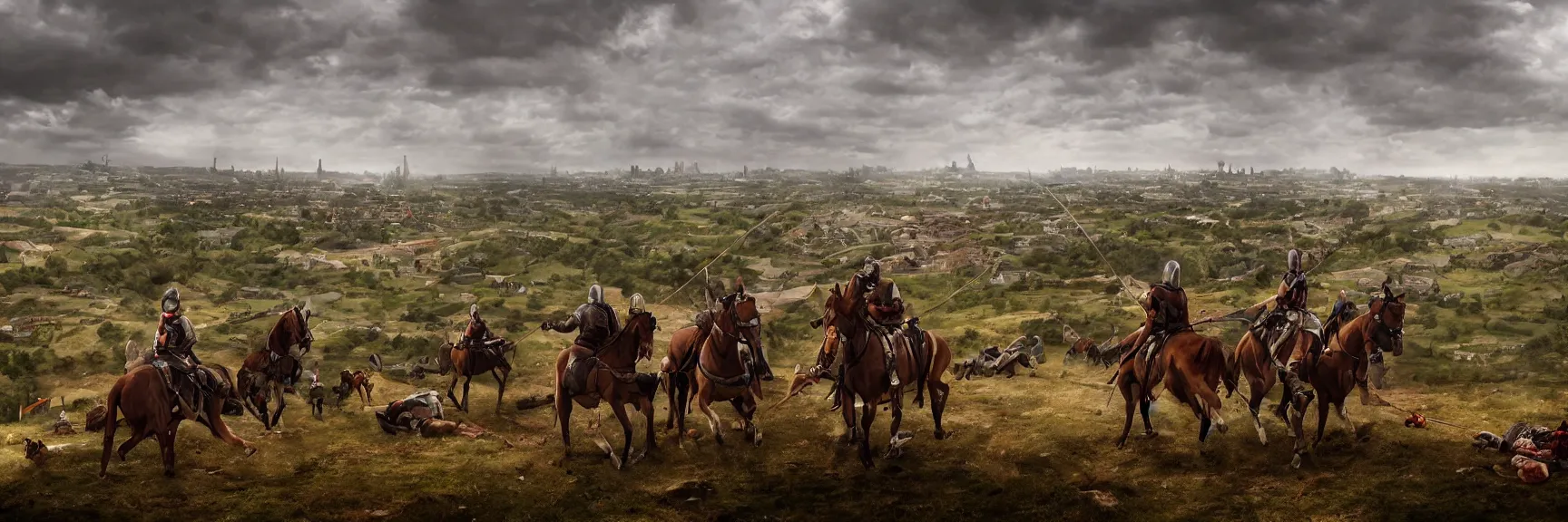 Prompt: horseback knights at scenic overlook; cloudy, grey skies, tent camps in foreground, dead bodies and parts of deadbodies lying on the muddy war ground; fortress city in background upon hill, medieval; artstation, ultrarealistic photography, 4K