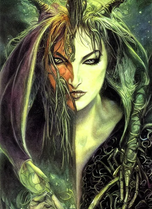 Image similar to portrait of lithe female sorceress of the fey, beautiful! coherent! dungeons and dragons character, by brian froud, strong line, night color, high contrast